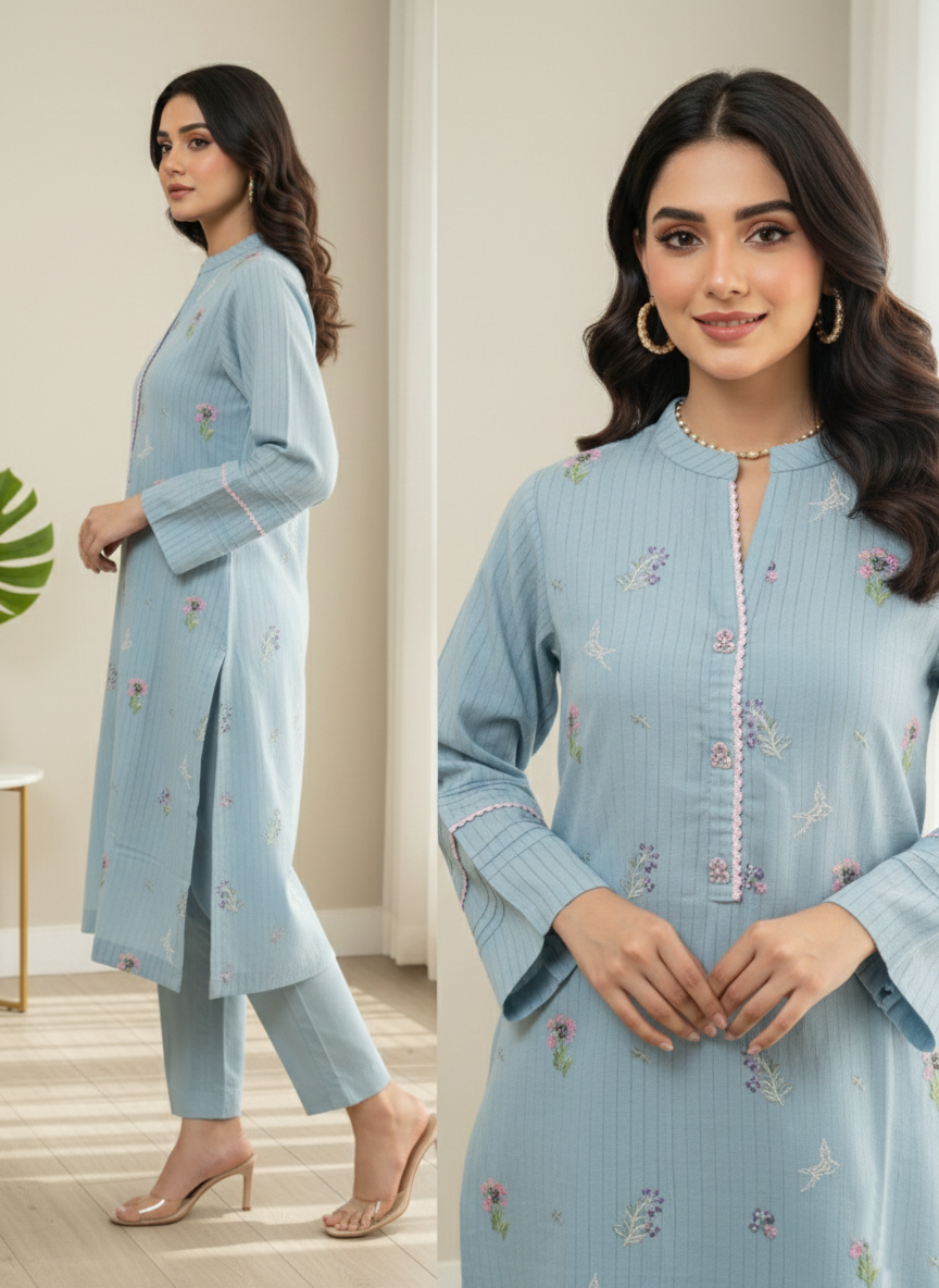 Sky Blue Embroidered Two Piece Set