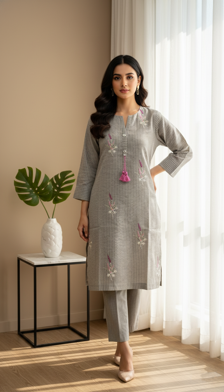Grey Embroidered Two Piece Set