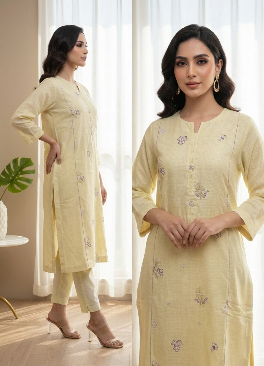 Butter Yellow Embroidered Two Piece (Shirt/Pant)