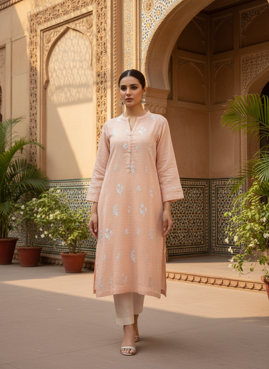 Peach Embroidered Two Piece Set