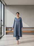 Steel Blue Cotton Satin Jacquard Shirt