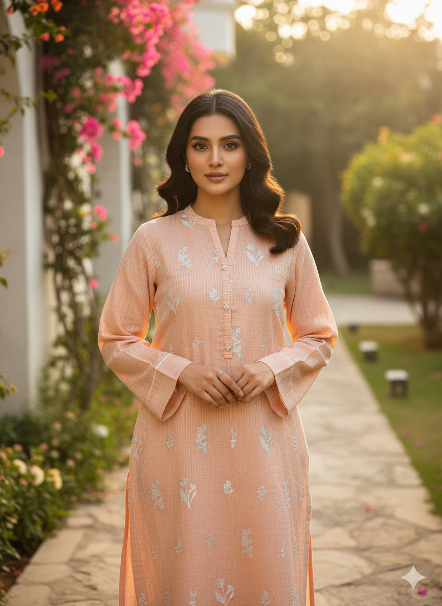 Woman in a peach kurta standing in a garden with pink flowers and greenery.