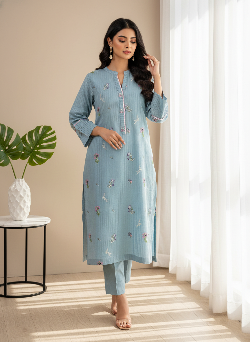 Sky Blue Embroidered Two Piece Set