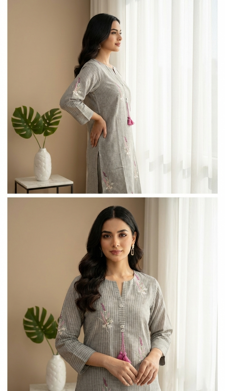 Grey Embroidered Two Piece Set